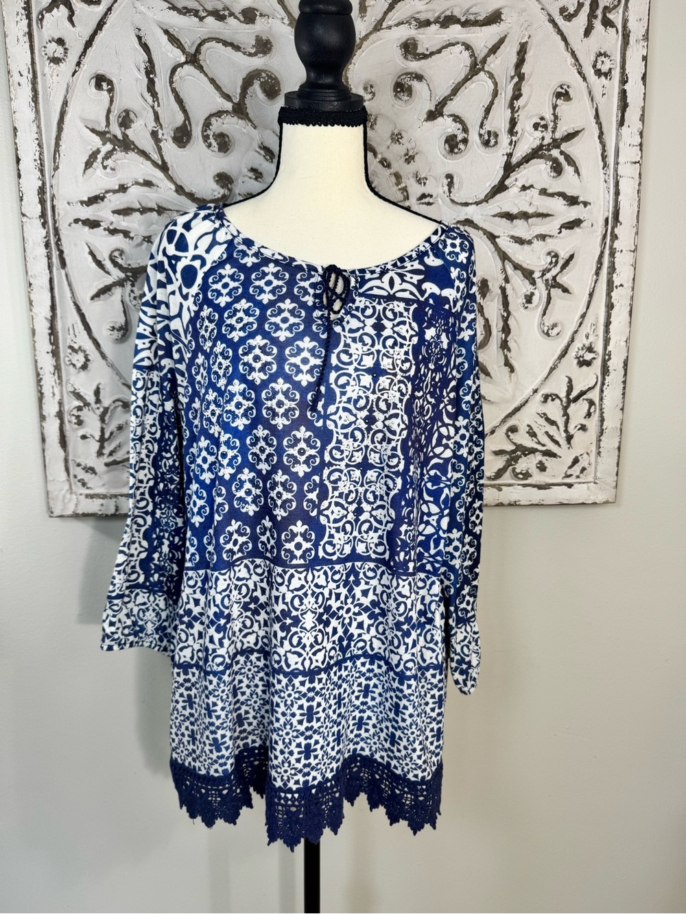 Blue and White Patterned Peasant Top with Lace Hem